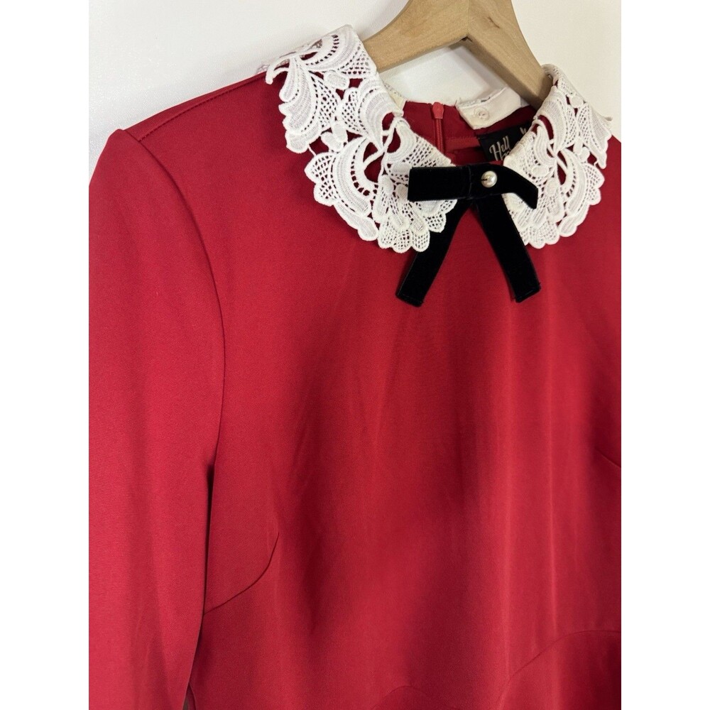 Hell Bunny Ricci Dress Deep Red Lace Collar Pin Up Rockabilly Red Large Goth Bow - Picture 3 of 16